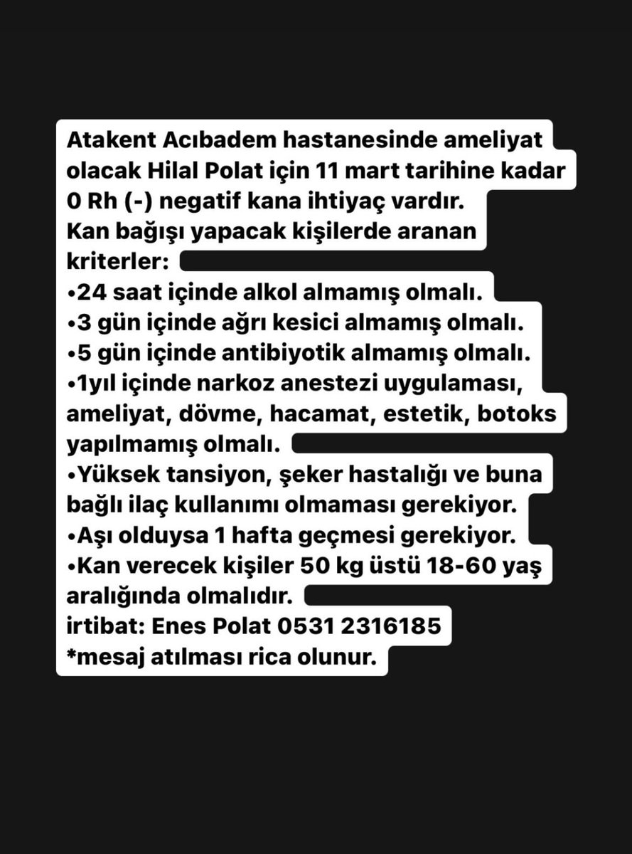Merhaba yakın arkadaşım Dr Hilal Polat fibrolamellar karaciğer kanseri tanılı, ameliyat için kan ihtiyacı mevcut, rica etsem hesabınızda paylaşabilir misiniz?
<a href="/ativittta/">Atilla Uslu</a>