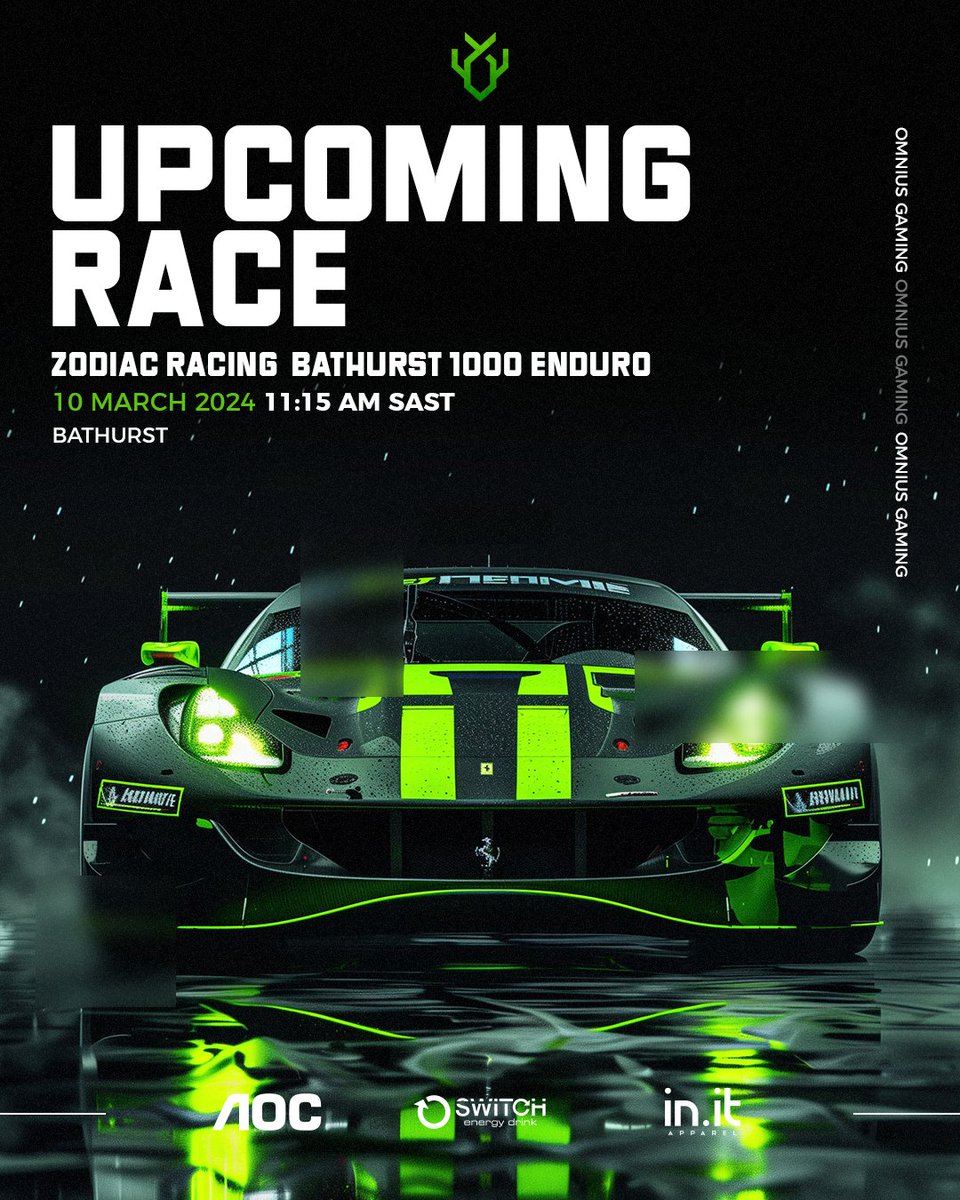 Big upcoming race this weekend for our #SimDrivers as they tackle the R5K Zodiac Racing Bathurst 1000 Enduro!

Time: 11:15AM SAST
Date: Sunday 10th March 2024
Stream: youtube.com/@zodiac-racing

#Omnius
