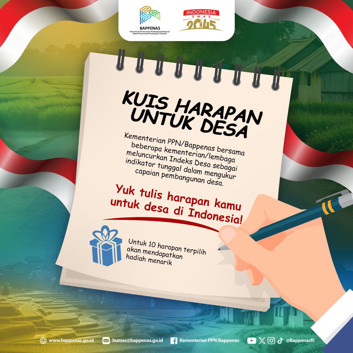 BappenasRI's tweet photo. #SahabatPembangunan, apa harapanmu untuk desa di Indonesia untuk mencapai kemajuan? ๐ฎ๐ฉ
Yuk sampaikan harapanmu di reply karena tersedia suvenir menarik untuk 10 pemenang terpilih ๐๐
#Bappenas #MembangunIndonesia #KuisBappenas #IndeksDesa #Kuis #Quiz https://t.co/sQf1uiv3Sw