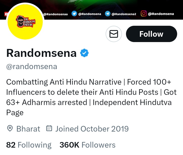 King__Ro45's tweet photo. This @randomsena call himself "Independent Hindutva Supporter" and also using foul language for Hindu Sister.... What a shame 😡

#BoycottRandomSena https://t.co/EkFHfjrWsd