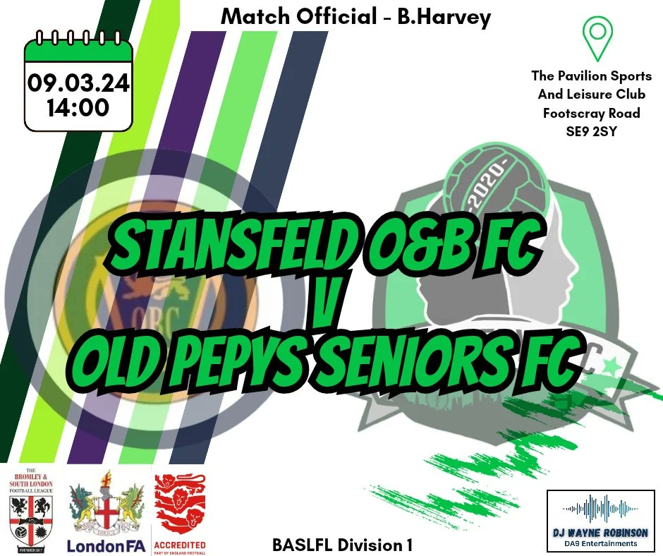 Game 2 Stansfeld O&B FC V Old Pepys Seniors FC 📆 Saturday 9th March ⏰️ Kick Off - 14:00 📍 The Pavilion Sports And Leisure Club Footscray Road SE9 2SY