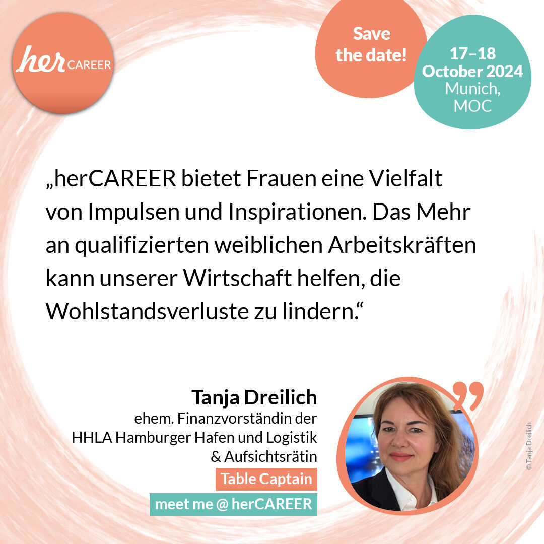 Als ehemalige #Finanzvorständin und Group CFO bei der HHLA Hamburger Hafen und Logistik AG verantwortete Tanja Dreilich die Finanzstrategie und -führung. 

Wir freuen uns, dass wir Tanja bei der #herCAREER@Night als Table Captain begrüßen dürfen!
Infos: her-career.com/expo/programm/…
