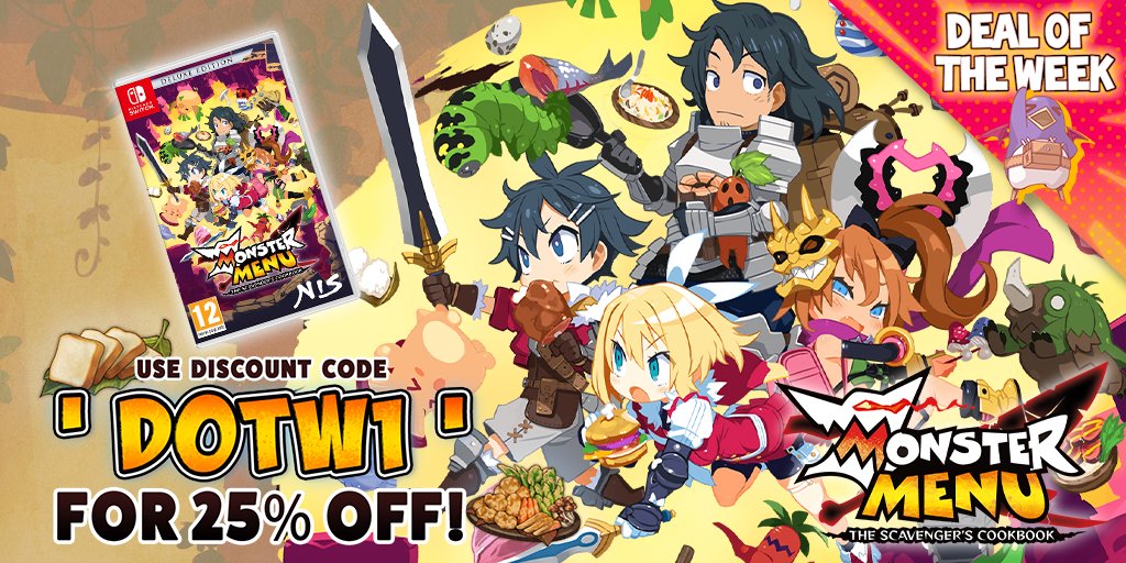 NISAinEurope's tweet photo. 🚨 DEAL OF THE WEEK ENDS TOMORROW!

#MonsterMenu: The Scavenger's Cookbook Deluxe Edition for Switch is 25% off on the NIS UK Online Store using discount code: "DOTW1" until tomorrow!

Loosen your belt &amp; dig into this dungeon-crawling adventure!

🔗: (https://t.co/VvZUOa1ttP) https://t.co/GUJmmzPB99