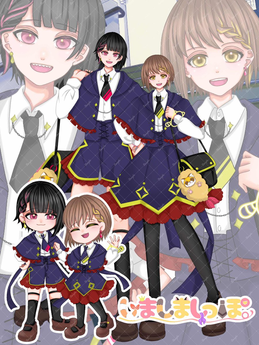 OKsimasimasippo's tweet photo. 遅くなりましたが皇子とのおそろい新衣装！！
可愛いだろー？
もちろん絵師は皇子です！！！
今月から月1でしまっぽ配信も始まるので楽しみにしててね！！
詳しくはもう暫くお待ちください

立ち絵のイ��リングと1枚絵のヘアゴムは相手の色なんだよー

(🪸)

#おうじとこまりのしましましっぽ https://t.co/PZqyUolxxQ