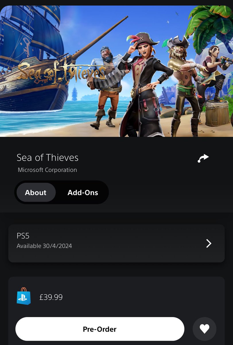 Projectstudios's tweet photo. Am I going crazy or did the price for @SeaOfThieves on PS5 increase from £32.99 to £39.99 in the UK? https://t.co/o0qThGQs1p