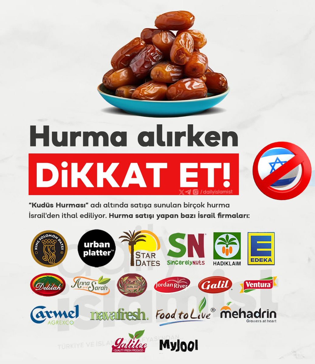 Ramazan ayı boyunca sık tercih edilen ve "Kudüs Hurması" olarak satılan hurmaların önemli bir kısmı İsrail malı. 

Yapacağınız alışverişlerde görseldeki markalara dikkat edin.