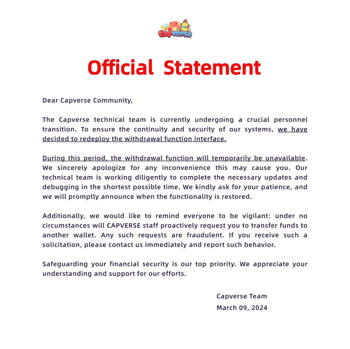 CapverseJapan's tweet image. 🚨 注目 🚨

🛠️ テックチームの移行に伴い、引き出し機能のインターフェースを再展開しています。
🚫 引き出しは一時的に停止しています。
🙏 ご迷惑おかけしますが、復帰のお知らせをお楽しみにお待ちください！

 #CapverseUpdates #TechTransition #StayTuned