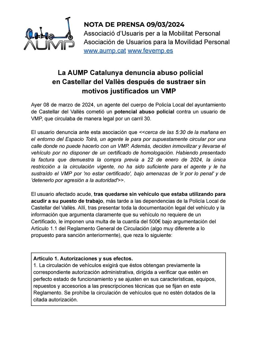 AumpCat's tweet photo. ❗️ CAS D'ABÚS POLICIAL A CASTELLAR DEL VALLÈS ❗️

La nota de premsa d'avui 9 de març de 2024 📃

Aquesta Associació no permetrà aquestes actituds d'agents de l'autoritat, i exigeix la formació completa del cos policial referent a VMP. https://t.co/MU3MLTgCAD