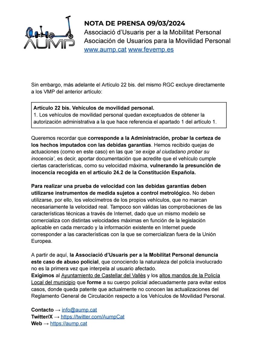 AumpCat's tweet photo. ❗️ CAS D'ABÚS POLICIAL A CASTELLAR DEL VALLÈS ❗️

La nota de premsa d'avui 9 de març de 2024 📃

Aquesta Associació no permetrà aquestes actituds d'agents de l'autoritat, i exigeix la formació completa del cos policial referent a VMP. https://t.co/MU3MLTgCAD