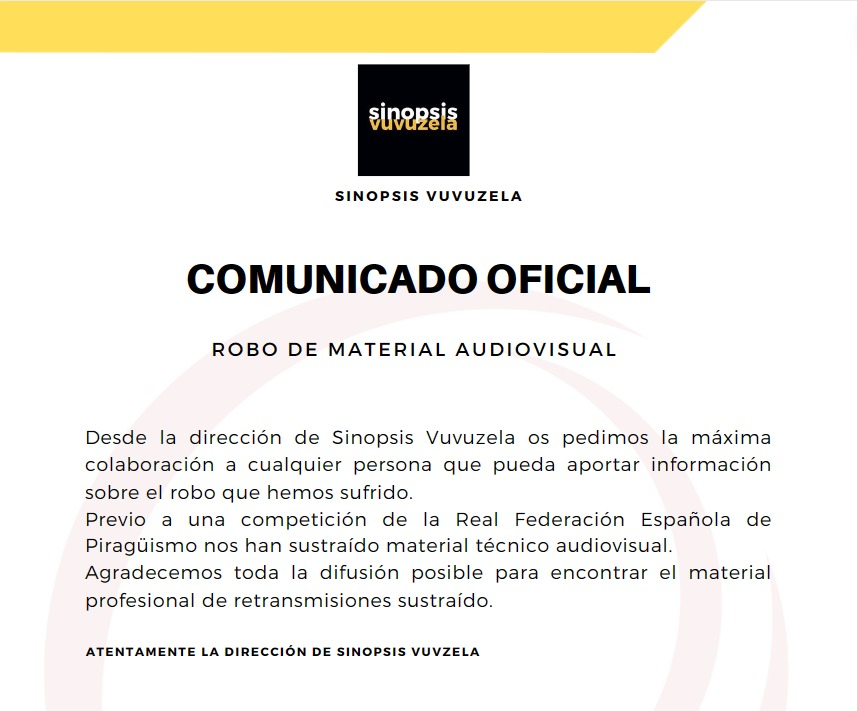 sinopsisonlive's tweet photo. 𝗖𝗢𝗠𝗨𝗡𝗜𝗖𝗔𝗗𝗢 𝗢𝗙𝗜𝗖𝗜𝗔𝗟   

Desde la dirección de Sinopsis Vuvuzela agradecemos máxima difusión para ayudarnos ante el robo de material audiovisual que hemos sufrido antes de la retransmisión de una competición de la @RFEPiraguismo. 

#Robo #ProducciónAudiovisual https://t.co/GcL8nCJPcp