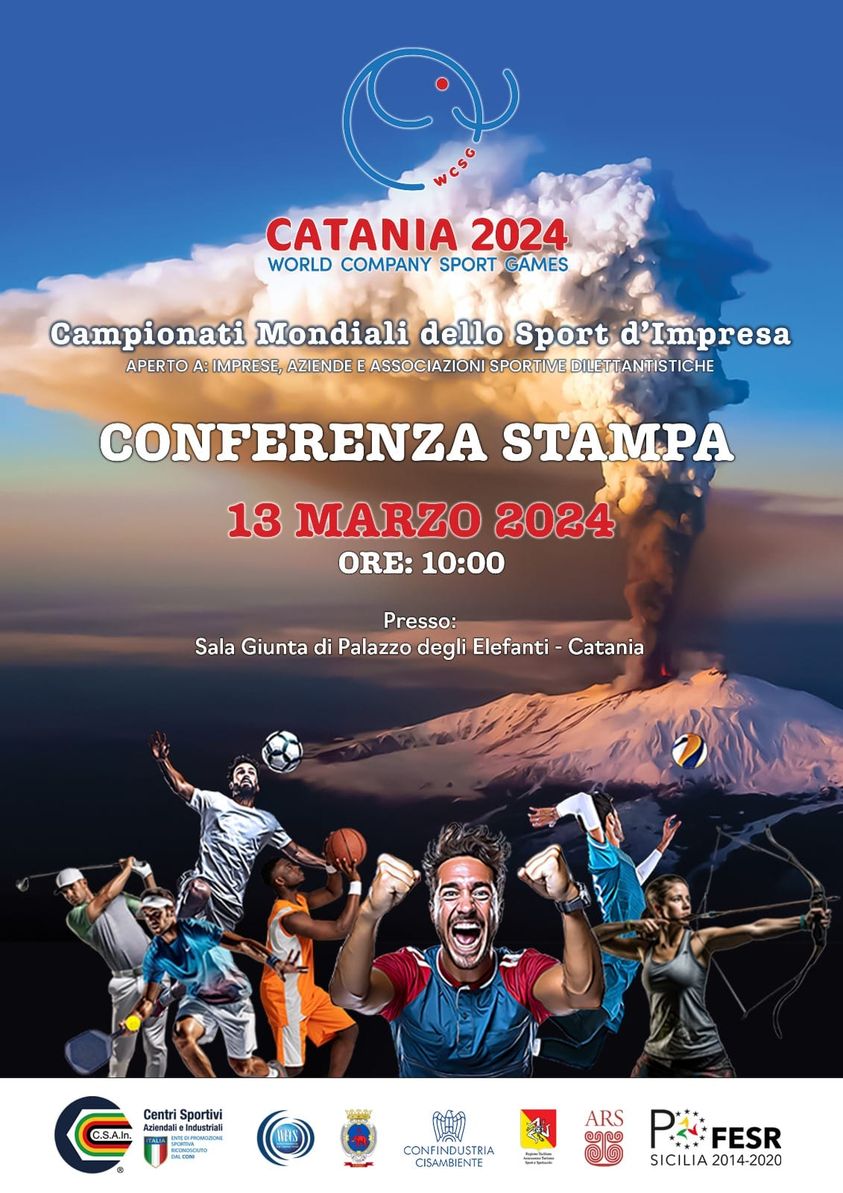 Il 13 marzo alle ore 10:00 a Catania presso la sala Giunta di Palazzo degli Elefanti, avrà luogo la Conferenza stampa di presentazione dei Campionati Mondiali dello Sport d'Impresa (WCSG Catania 2024) <a href="/Coninews/">CONI</a> <a href="/SporteSaluteSpA/">Sport e Salute</a> <a href="/SportGoverno/">SportGoverno</a> <a href="/Confindustria/">Confindustria</a>
