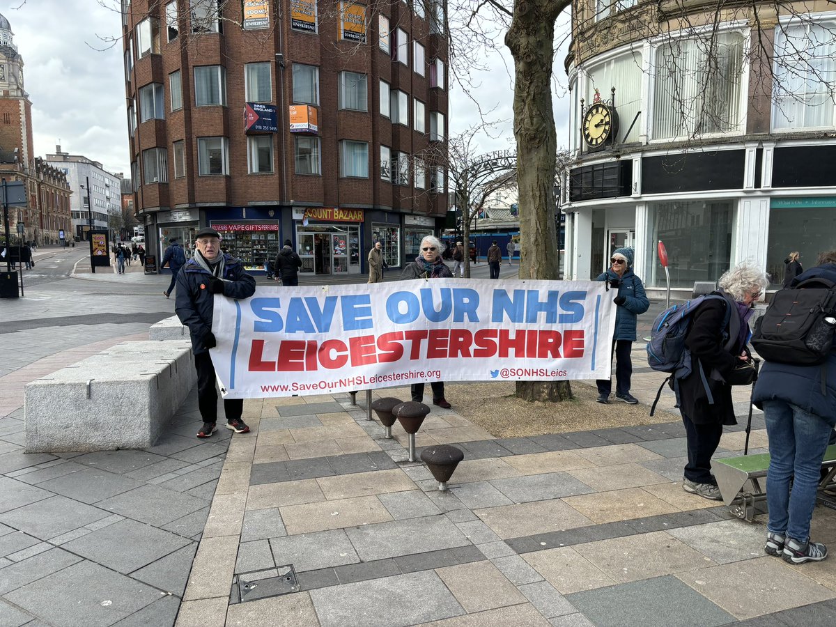 We’re at the <a href="/SONHSLeics/">Save Our NHS Leicestershire</a> stall on Gallowtree Gate. We need to fully renationalise the services and invest properly in the NHS for all the people who work in the NHS and all who use our health services. Come down and sign a postcard.