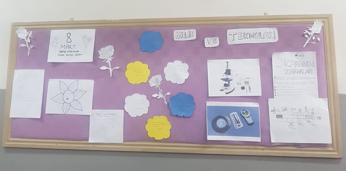 8-14 Mart Bilim ve Teknoloji Haftası kapsamında Bilim ve İnovasyon Kulübü öğretmenimiz Filiz KARABAYIR ve kulüp öğrencileri tarafından sınıf panosu düzenlendi .