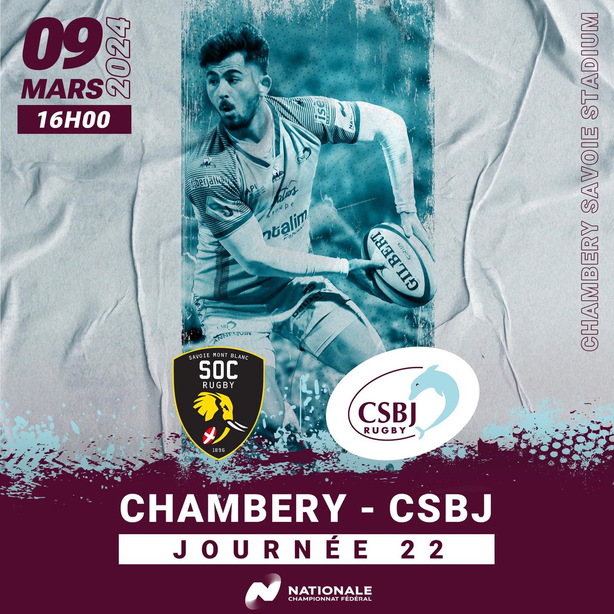 𝗝𝗢𝗨𝗥 𝗗𝗘 𝗠𝗔𝗔𝗔𝗧𝗖𝗛 !👊 Cet après-midi à 16h00, notre équipe affronte Chambéry au Savoie Stadium pour un match important !! Notre équipe a besoin de son 16ème homme ! Tous derrière nos joueurs 🤩 GO GO GO ✊ 🏆 Nationale Rugby 🆚 Chambéry 📆 Samedi 9 mars 🕓 16h00