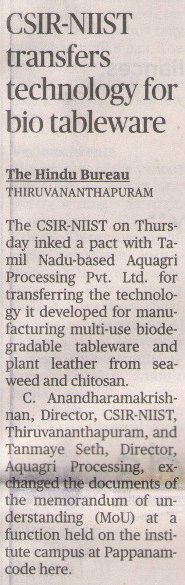 csir_niist's tweet photo. Todays news clips about CSIR-NIIST technology transfer for seaweed based tableware and leather alternative @CSIR_IND @DrNKalaiselvi #seaweed #technologytransfer https://t.co/C3VK5CCNsZ