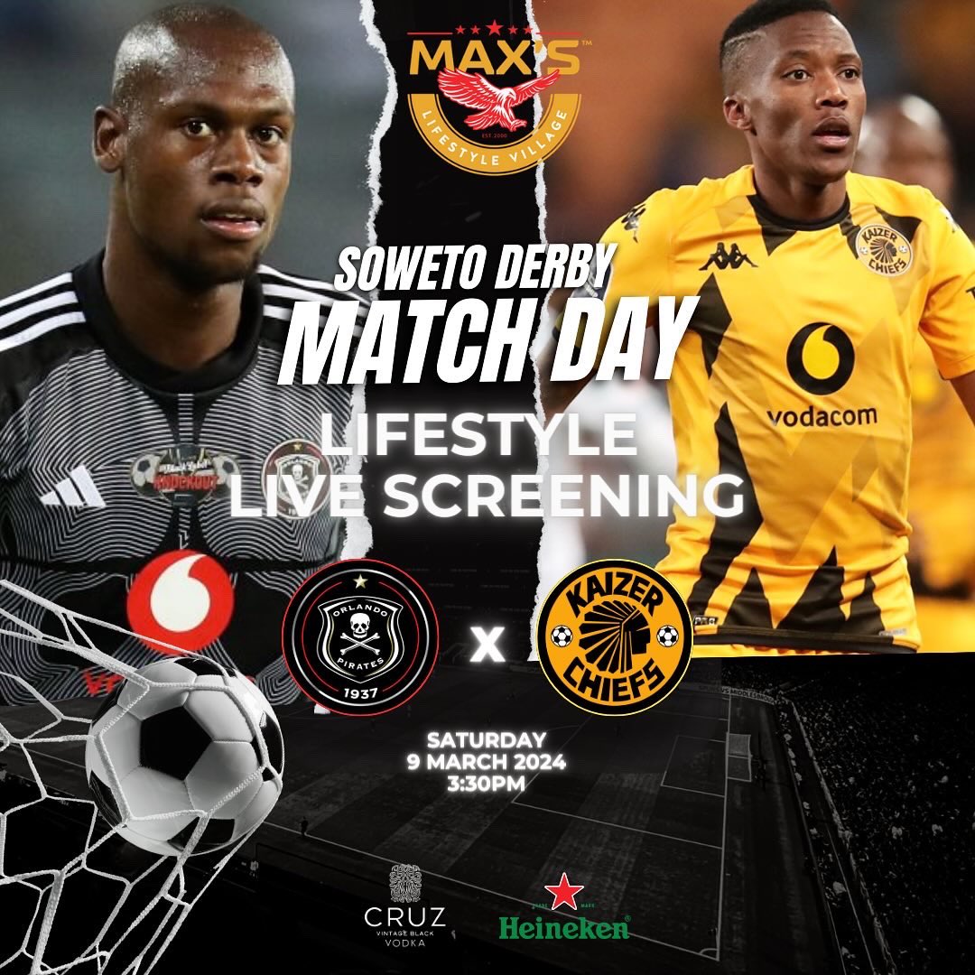 maxslifestyle1's tweet photo. The Soweto Derby is here and get all the soccer action at #MaxsLifestyleVillage! ⚽️

Join us for a soccer filled live screening of the biggest game to date where Orlando Pirates are up against Kaiser Chiefs today at 3:30pm 🤩

Our 2 Live Screening Specials will be available 🦅✨ https://t.co/2v2PfYLgZA