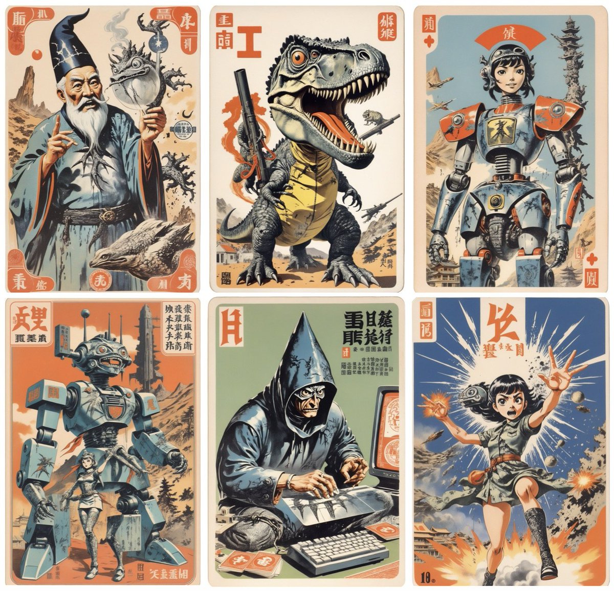 fabianstelzer's tweet photo. quickly made a bunch of fictional 1970s chinese trading cards with the Glif browser extension
then asked Claude and GPT to come up with rules for the game since "we lost the rule book"
Claude calls the game "Techno Tao" and suggests the following rules: https://t.co/AK2HSGEA1o