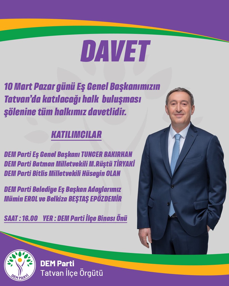 demtatvan's tweet photo. 10 Mart Pazar günü Eş Genel Başkanımızın
Tatvan’da katılacağı halk buluşması şölenine tüm halkımız davetlidir.
#tatvan
#tetwan
#bitlis
#bedlis
#dem
#hdp
#hedep
#belkizabestasepozemir
#muminerol
#ysp
#yesilsolparti
#secim
#siyaset
#hadep
#demparti
#rabedemhat
#rahva
#kurdi https://t.co/2uNv0E3kY1