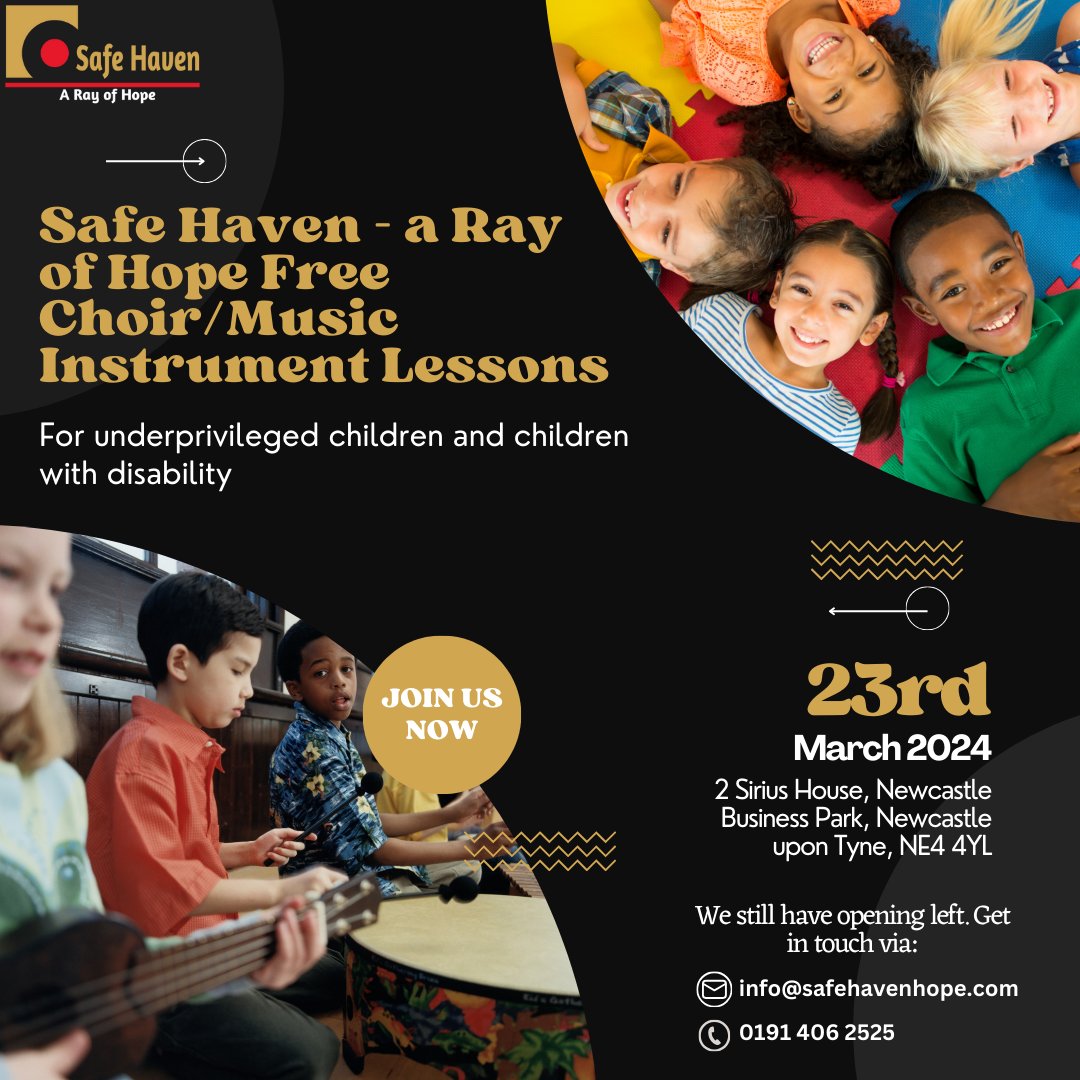 Safehavenhope's tweet image. Our free music training is finally here! 🎵 We are delighted that we can continue to support children in various ways 🙏🏼 .
🌟 If interested, 
send an email to info@safehavenhope.com 📧 
or call 0191 406 2525 ☎️
#MusicForAll #SpreadHope #FreeMusicLessons #CommunitySupport #Empower