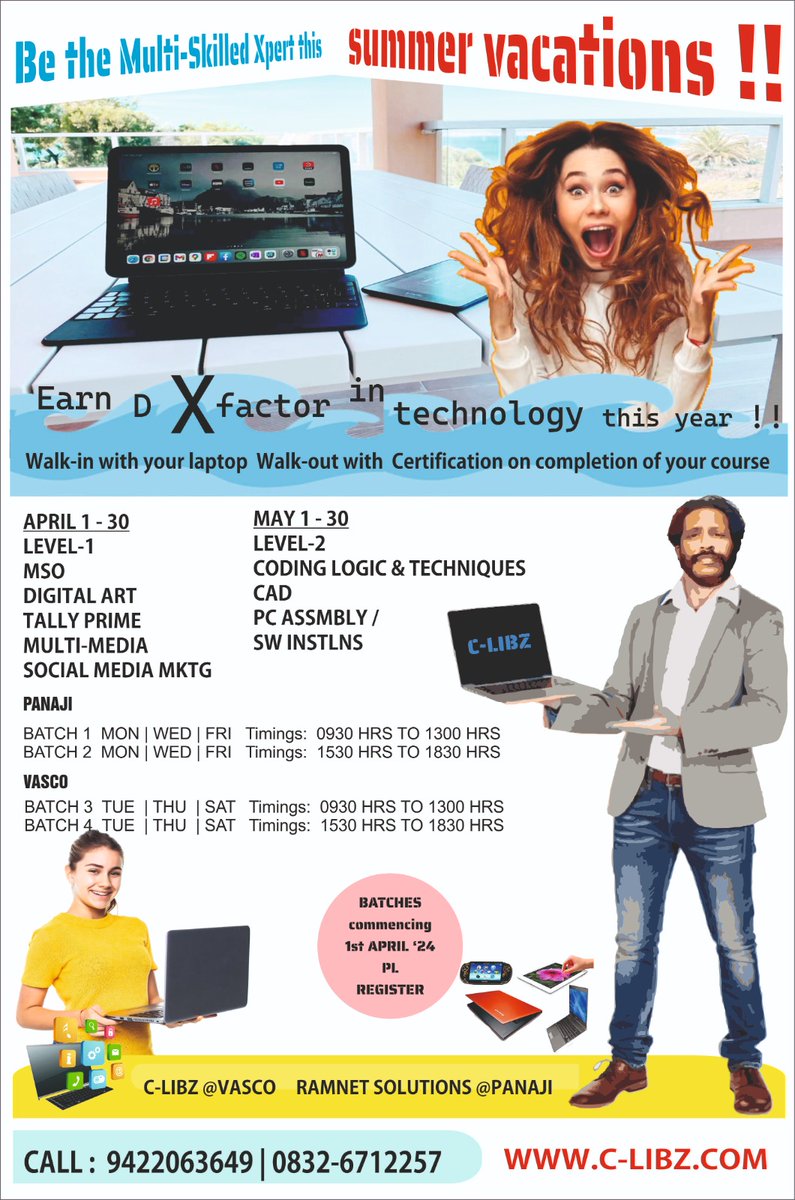 Get ready for  Summer Vacation Courses @ C-LIBZ #Goa
#summervacation #summervacation2024 #summervacationideas #computercourses #computerskills #computertraining #ComputerTrainingCenter #computertraininginstitute #msofficecourse  #TallyPrimewithGST