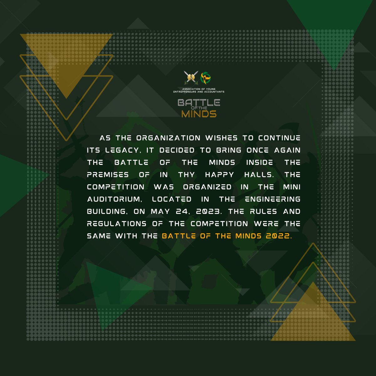 ayeafeuhs's tweet photo. Explore the fascinating journey of intellect, strategy, and triumph through the ages. From humble beginnings to thrilling showdowns, discover the stories behind the competition that has ignited minds for generations. 🧠💡

#HistoryofBOTM
#BattleOfTheMinds2024
#AYEANStheBest https://t.co/XFEO4wbt9R