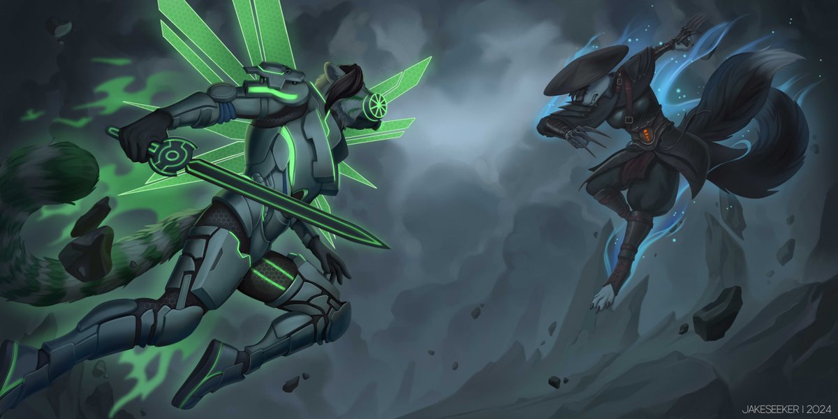 "When the raised dust and rocks fall to the ground again - one of them will fall with them"

Sci-Fi #Furry samurai mecha cyborg fight commission for ~Zybrix on FurAffinity🐾