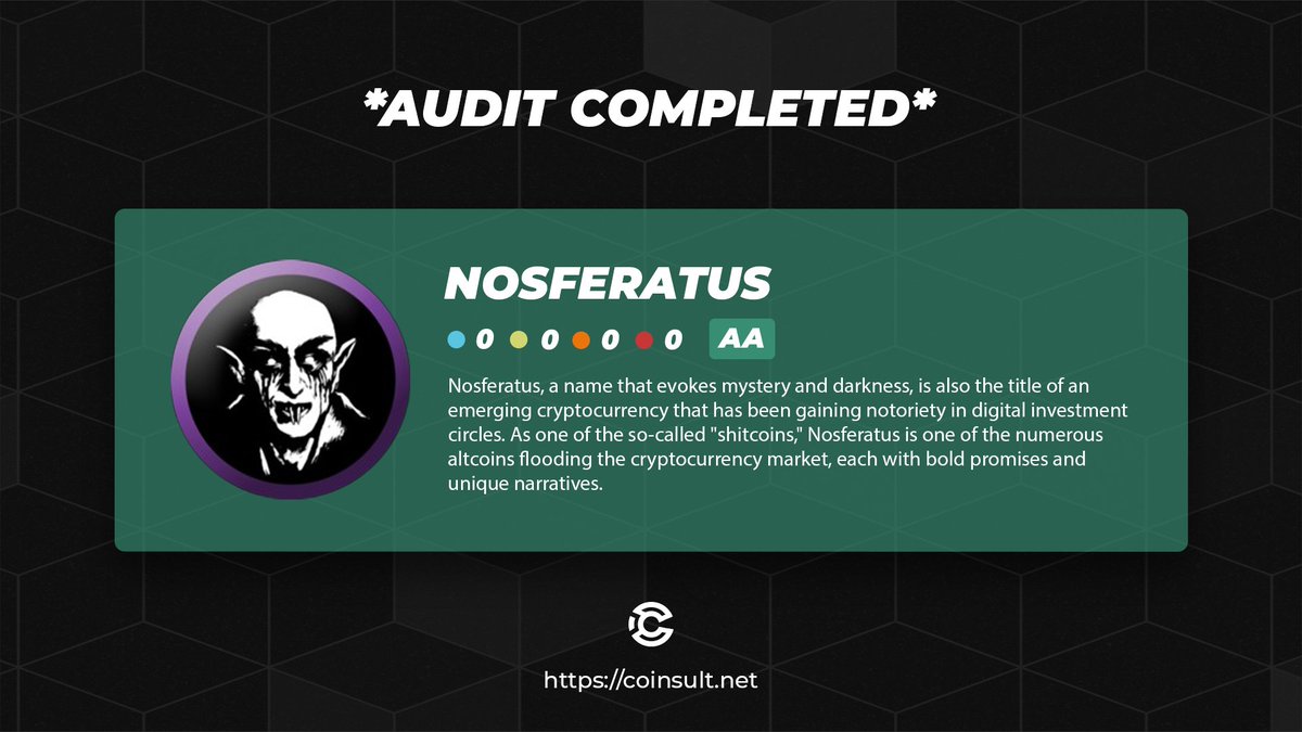 🔒 AUDIT COMPLETED FOR NOSFERATUS (🧛)

🎁 GIVEAWAY: $15 (48 hours)

1⃣ Follow <a href="/nosferatus_bsc/">NOSFERATUS | Very Bullish on BSC</a> &amp; <a href="/CoinsultAudits/">Coinsult - Audits & Development</a> 
2⃣ Like + RT this tweet
3⃣ Place a comment 💬

Go check out the Fair Launch of NOSFERATUS 👇
pinksale.finance/launchpad/0x4c…

Go check out the full project page 👇