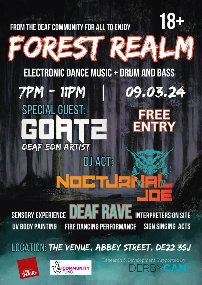 Derby CAN (Creative Arts Network) (@derby_can) on Twitter photo 🔔TONIGHT🔔
d/Deaf led community event for all to enjoy!
Fab night out in #Derby
UV art, craft & music rave with light & sensory elements
PLUS special guest Deaf EMD djGOATZ!
Free entry
Pls share <a href="/promderby2/">DerbyshirePromo2</a> <a href="/DeafinitelyW/">Deaf-initely Women</a> <a href="/Foundation_DBS/">FoundationDerbyshire</a> <a href="/EDIWDerbyUni/">Inclusion at University of Derby</a> <a href="/KimEHarper/">Kim Harper</a> <a href="/madederbyshire/">Made In Derbyshire</a> 🔔TONIGHT🔔
d/Deaf led community event for all to enjoy!
Fab night out in #Derby
UV art, craft & music rave with light & sensory elements
PLUS special guest Deaf EMD djGOATZ!
Free entry
Pls share <a href="/promderby2/">DerbyshirePromo2</a> <a href="/DeafinitelyW/">Deaf-initely Women</a> <a href="/Foundation_DBS/">FoundationDerbyshire</a> <a href="/EDIWDerbyUni/">Inclusion at University of Derby</a> <a href="/KimEHarper/">Kim Harper</a> <a href="/madederbyshire/">Made In Derbyshire</a>
