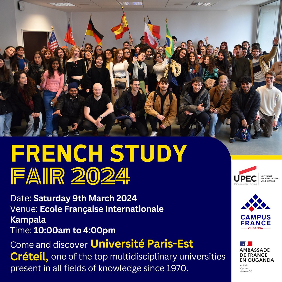 For all programs in different disciplines, we have #ParisestCreteil with us at The École française, up to 4:00pm. Do not let this opportunity pass you by. See you :) #RendezvousenFrance 🇫🇷