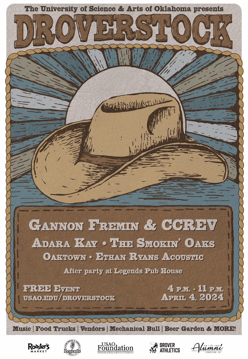 usaoalumni's tweet image. USAO is excited to announce this year’s lineup for the revamped Droverstock Music Festival, attached here and posted around campus! Droverstock 2024 will feature five red dirt style bands, headlined by Gannon Fremin and CCREV. nam02.safelinks.protection.outlook.com/?url=https%3A%…