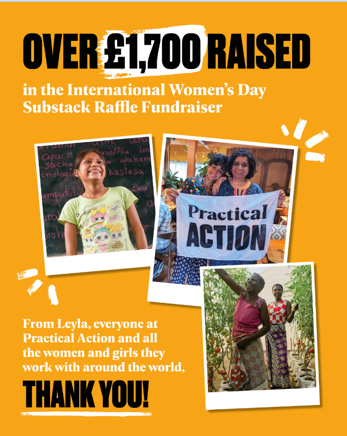 The International Women’s Day Substack raffle fundraiser has ended. 💥A whopping £1788 was raised for @PracticalAction! Thank you to everyone who shared and bought tickets. And one of the 55 winners was none other than our @SheilaDillon! Full info at link in bio. #IWD2024