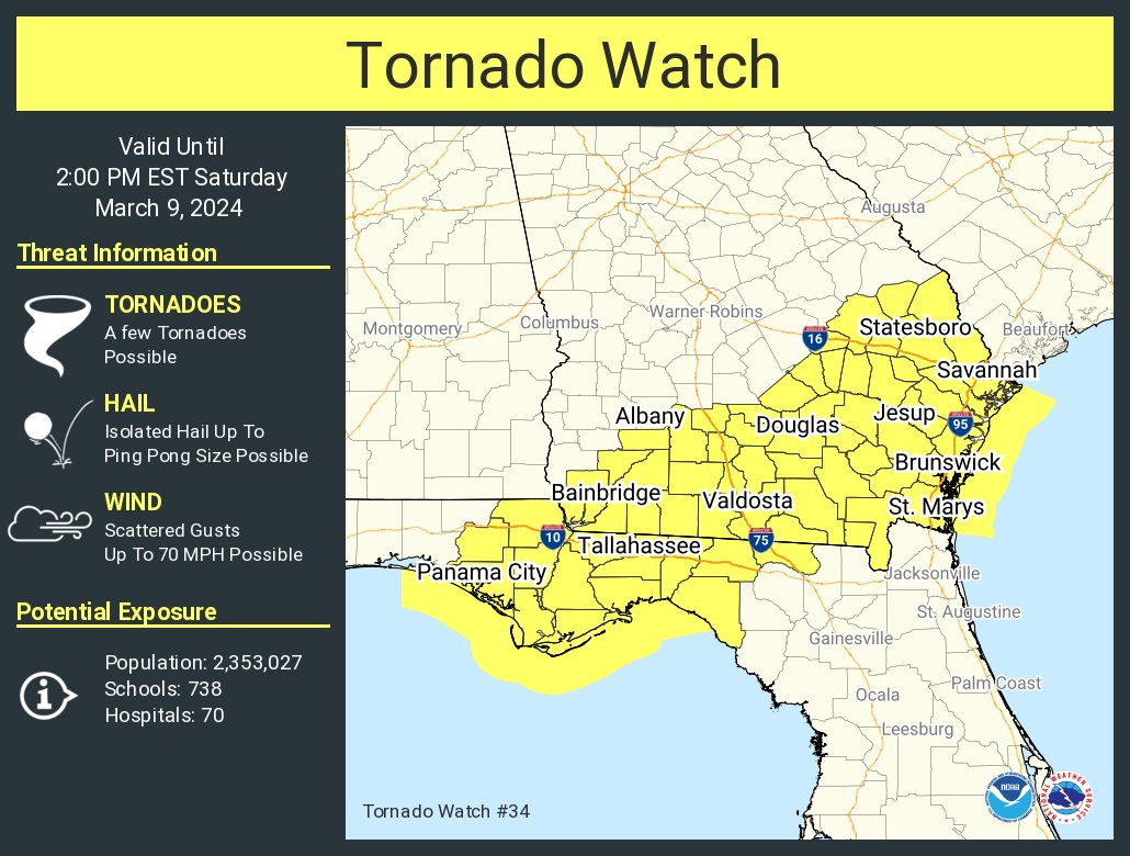 A tornado watch has been issued for parts of Florida and Georgia until 2 PM EST