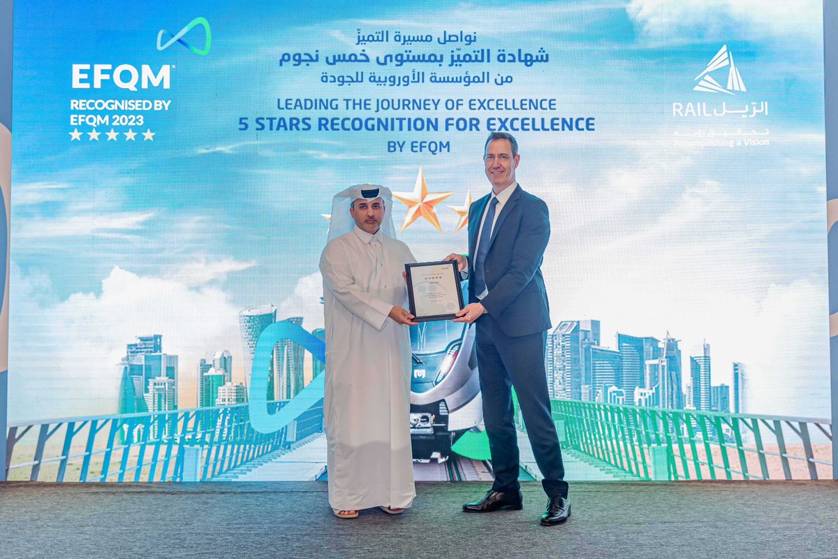 QatarRail's tweet photo. سعداء بالإعلان عن إنجاز استثنائي جديد يضاف إلى سجلنا الحافل بالتميز، حيث حصلت شركة الرّيل على شهادة الخمس نجوم للتميز المؤسسي الشامل من قبل المؤسسة الأوروبية لإدارة الجودة. حصدت الشركة الخمس نجوم في أول تقييم لها وفقاً للنموذج المطور من هذا التقييم الشمولي. يعكس هذا الإنجاز التزامنا الراسخ بالتميز المؤسسي وضمان الجودة والكفاءة في كل جانب من جوانب عملياتنا التشغيلية.

We are pleased to announce another milestone that marks a new era of excellence, as Qatar Rail has been awarded prestigious five-star recognition for overall organizational excellence from the European Foundation for Quality Management (EFQM). The recognition achieved on first assessment under the new and improved EFQM model, underscoring our unwavering commitment to excellence and our dedication to ensuring quality and efficiency in our operations.
