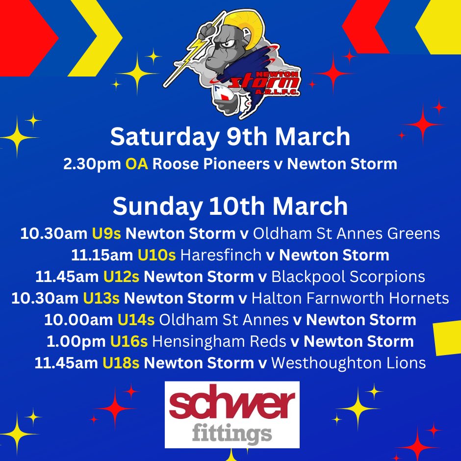 🔵🔴🟡 WEEKEND FIXTURES 🔵🔴🟡
A busy weekend of fixtures to kick off the season for many teams. A road trip to Cumbria for OA on Saturday for their first game. 4 home &amp; 3 away games for on Sunday including another Cumbria road trip this time for the U16s! Good luck everyone! 🍀