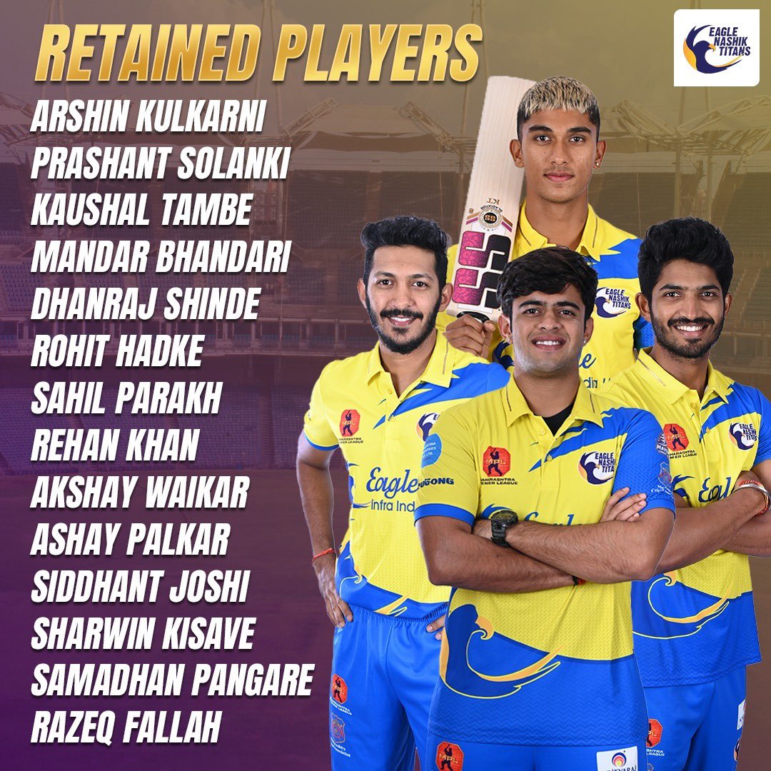 Here's the list of all the Retained Players ✨👀

.
.
.
.

#cricket #indiancricket #cricketindia #cricketnews #cricketfans #cricketfacts #cricketlife #cricketlover #cricketfever #cricketlovers #cricketmerijaan #eaglenashiktitans #ent #arshinkulkarni #prashantsolanki #mpl