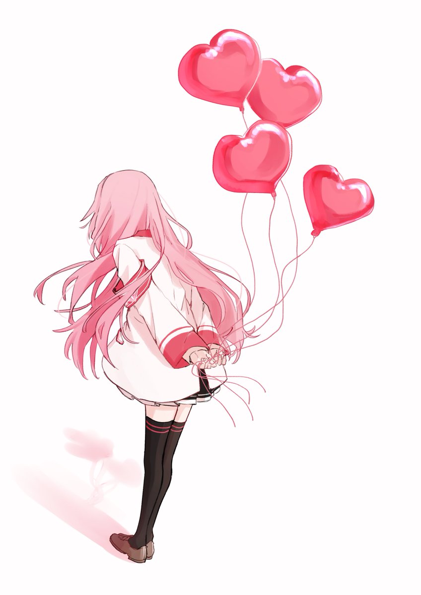 1girl balloon solo pink hair long hair thighhighs black thighhighs  illustration images