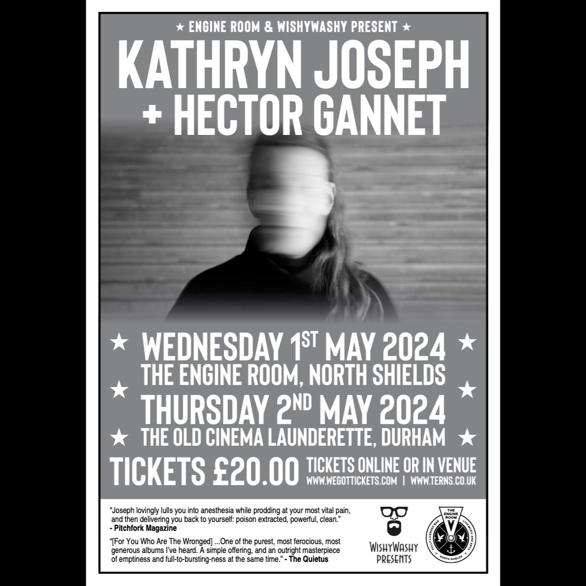 So happy to announce this! I'll be opening for the brilliant @kathrynjoseph_ at @TERNSVenue North Shields on 01/05, and at Old Cinema Laundrette, Durham on 02/05! First airing for some new songs I've been working on too. @MrWishyWashy On-sale NOW: hectorgannet.com 🎟