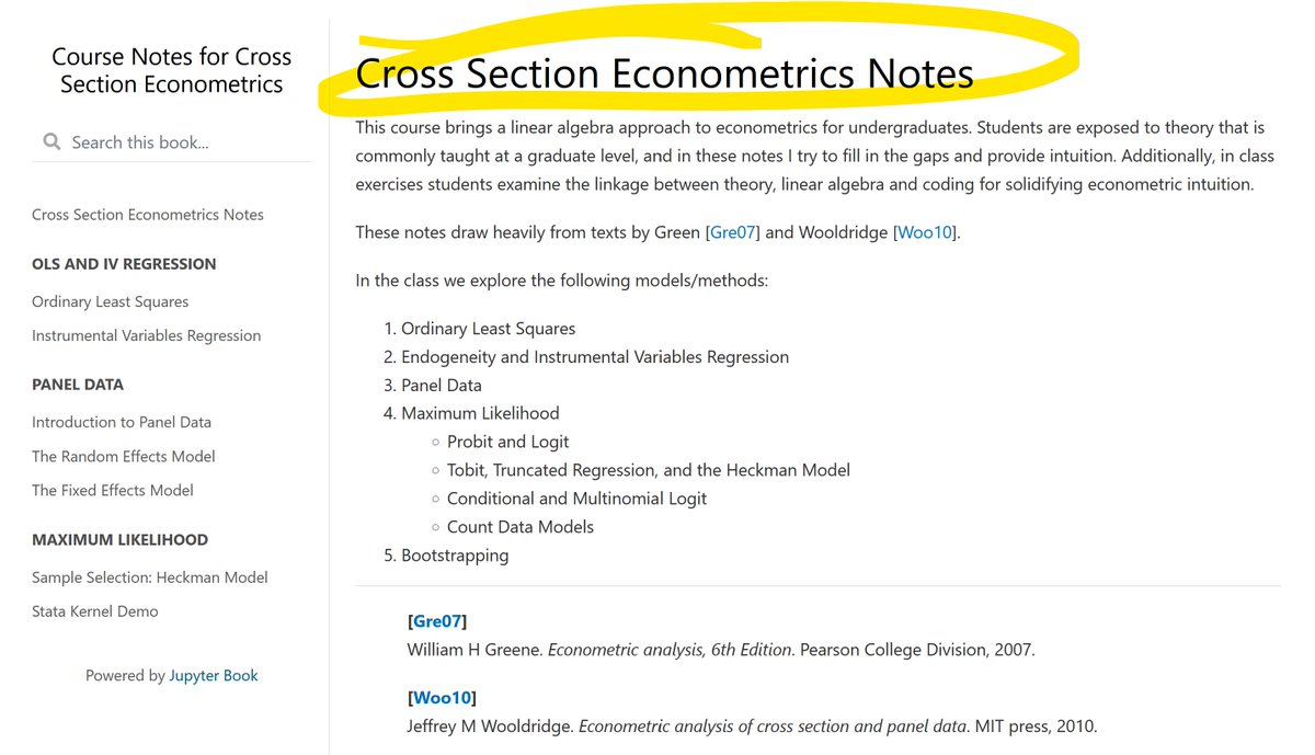 Hi #EconTwitter! 🚀

Looking for some notes - super easy to read - on cross section and panel data #econometrics? 

Check out this short Jupyter notebook by Rob Hicks. 

It's an undergrad-friendly excursus into econometrics with a linear algebra spin. Easy to read, it also