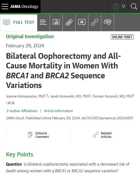 Most viewed in the last 7 days from @JAMAOnc: Is bilateral oophorectomy associated with a decreased risk of death among women with a BRCA1 or BRCA2 sequence variation? ja.ma/49HhpW0