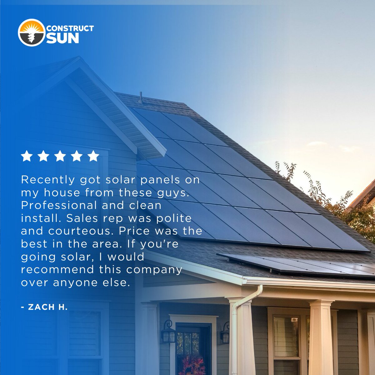construct_sun's tweet photo. Big thanks to Zach H. for this stellar review! 🙌

Here's to a brighter, more sustainable future together.

https://t.co/cU1ZXyhCig

#solarhome #solarjourney #customerreview #solarstories #solarpowered #gosolar #constructsun https://t.co/QuxVuOOnVl