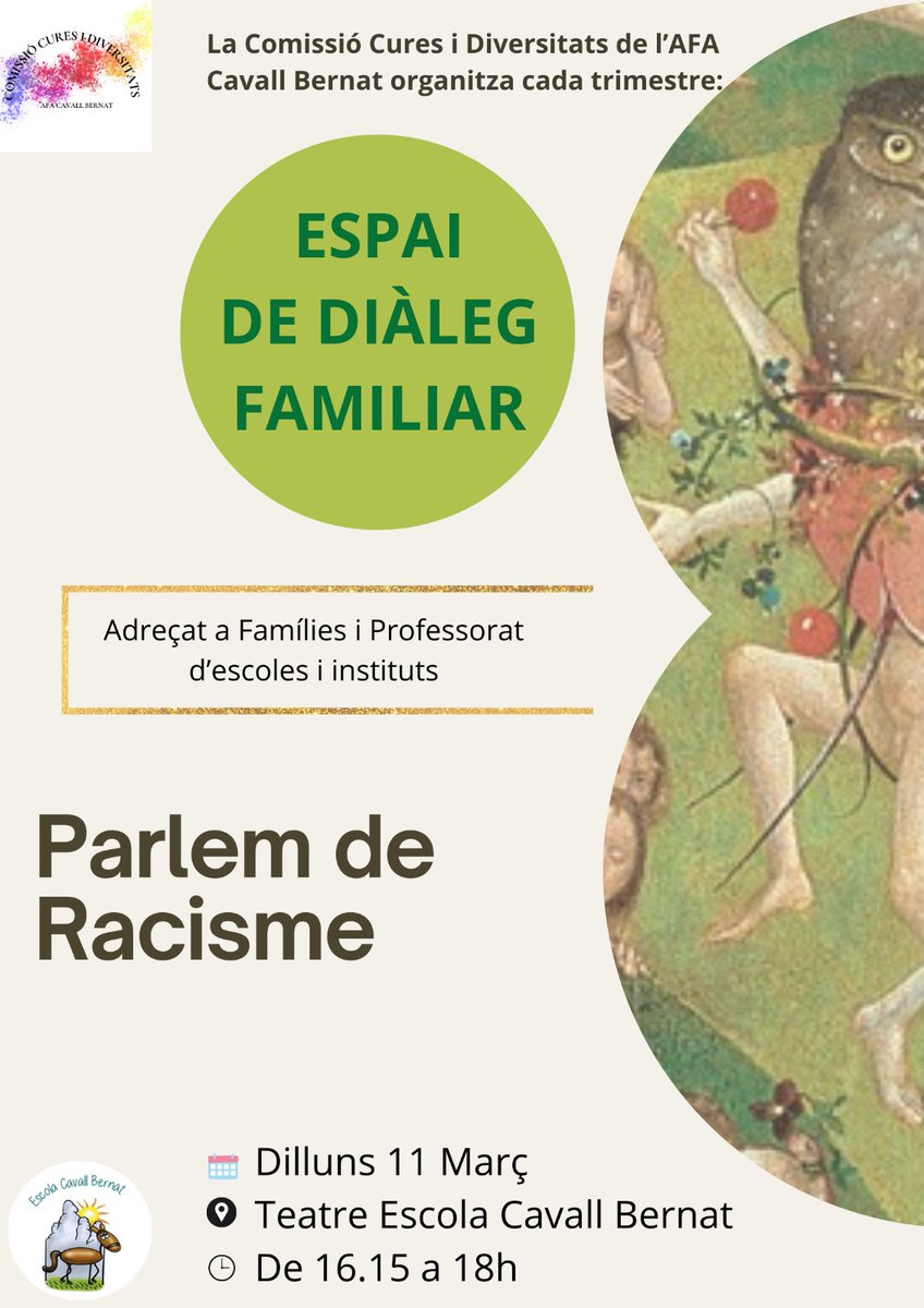 CavallBernatAFA's tweet photo. Espai de diàleg familiar: 
"Parlem de racisme"
Dinamitzat per la comissió de Cures i diversitats de l'AFA, adreçat a famílies i professorat d'escoles i instituts. 
🗓Dilluns 11març
⏰️De 16.15 a 18h
🚩teatre de l’escola  
🦘hi haurà servei d’acollida

🌈Us hi esperem! https://t.co/4SBcecJhak