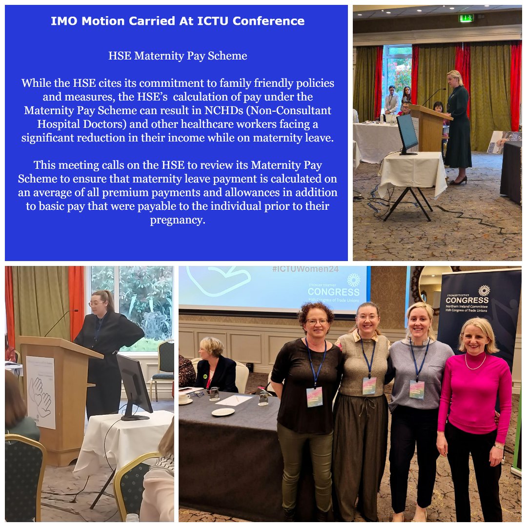 Thanks to IMO Delegates, Doctors Laura Finnegan, Lisa Cunningham, Sorcha Ní Loinsigh and Ms Vanessa Hetherington from IMO, for representing female doctors at the ICTU Women's Conference. #ICTUWomen24