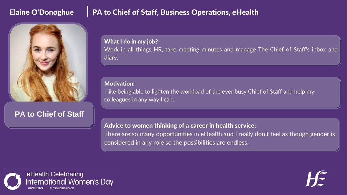 Celebrating #IWD2024 Elaine O'Donoghue 'I like to be able to lighten the workload of Chief of Staff and help my colleagues'. #Inspireinclusion Read about our other #IWD2024 ambassadors: pulse.ly/hyyxfqzpys @jcwemyss @peopleofhse @bernardgloster
