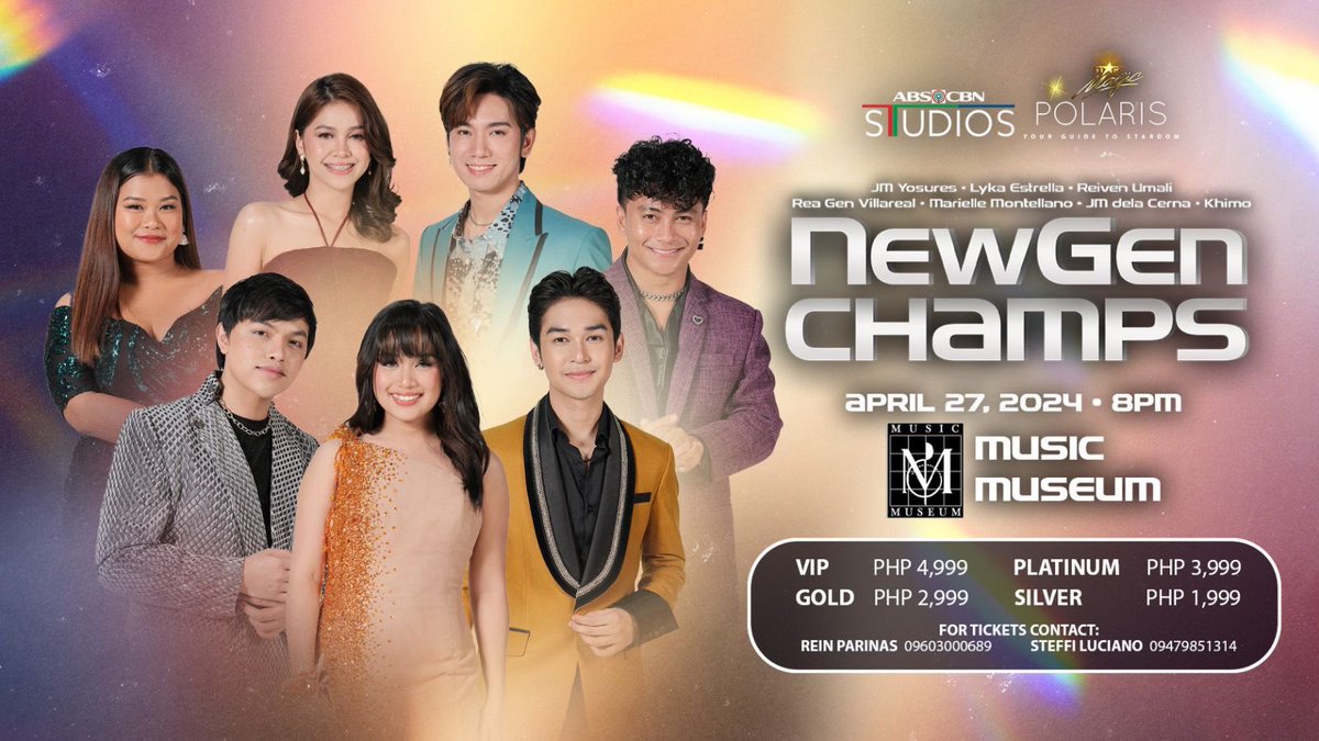 Mga Kapamilya, Kapuso, Kapatid, at Ka-A2Z! It's the new generation of singing champions! Mark your calendars and catch us for a 'pangmalakasang' concert treat from your 'NEW GEN CHAMPS' — JM Yosures, Reiven Umali, Khimo, JM dela Cerna, Marielle Montellano, Lyka Estrella, and