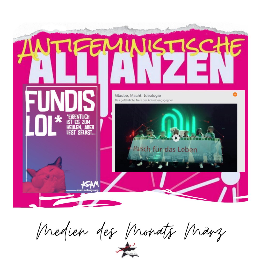 Wir empfehlen im März nicht nur ein Medium das Monats, sondern ausnahmsweise sogar drei Medien: 
A) #Fundis lol - Broschüre über Anti-Choice-Bewegung
B)  #Antifeministische Allianzen - Podcast @_LinaDahm
C) Glaube, Macht, Ideologie - Doku 
Weiterlesen:  bibliotheka.rosenheim.social/2024/03/09/279/