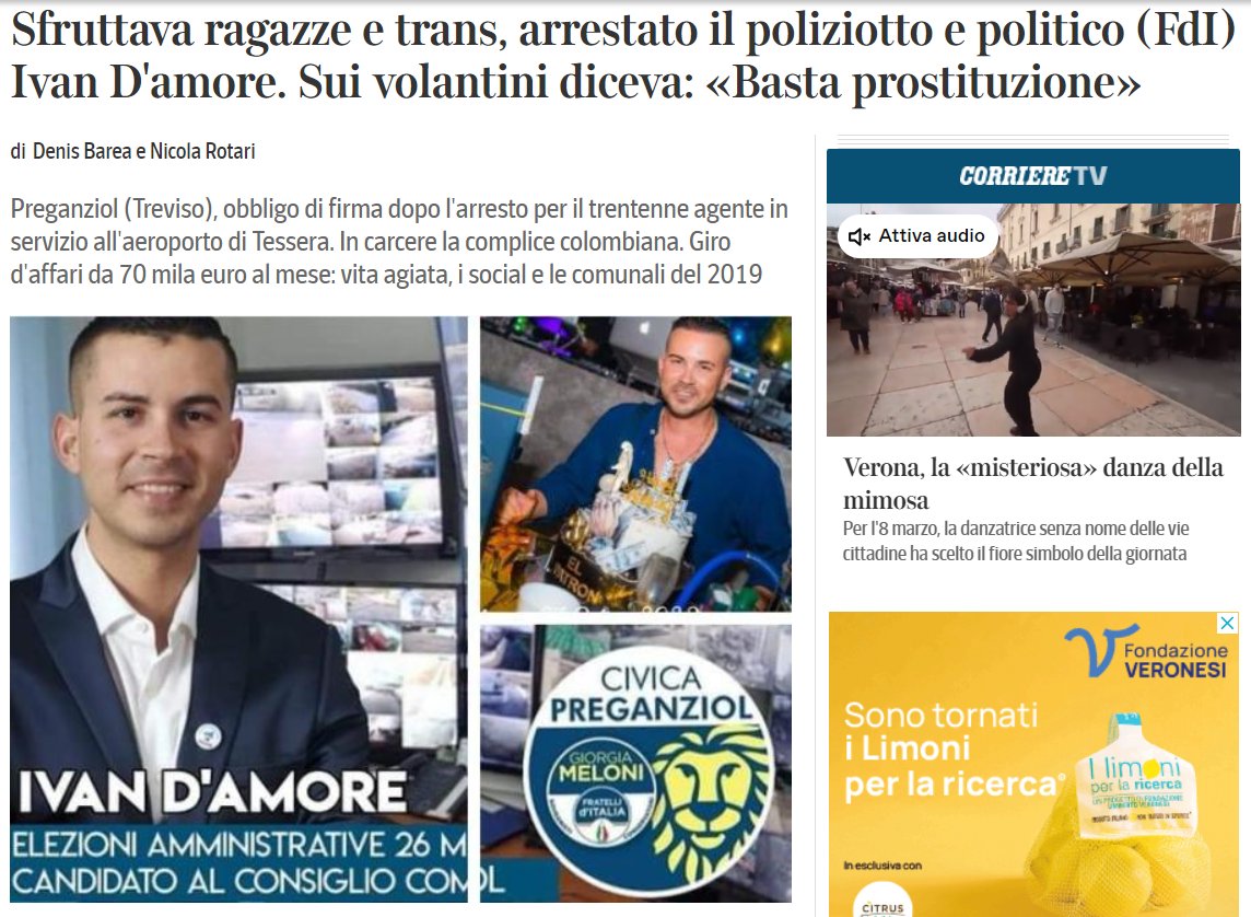 CrazyItalianPol's tweet photo. Ivan D'Amore, former secretary of the Preganziol circle of Fratelli d'Italia, was arrested for exploitation of prostitution - he exploited 17 women and transsexuals earning €70k per month.

On his election posters he wrote: 'No more prostitution'.

March 9, 2024 https://t.co/4HlXr6gTQ4