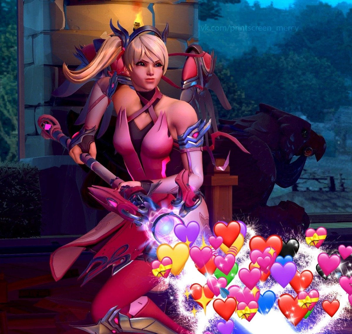 Aiming her staff towards him. And lots of ＬＯＶＥ poured out!