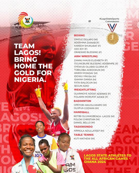 TEAM LAGOS! BRING HOME THE GOLD FOR NIGERIA. 
You have trained hard, pushed your limit, and now it is time to shine on the continental stage. Show the world the prowess of the giant of Africa.

@thelssc  @LekanFatodu 

#lasg #lagosstatesportscommission #allafricangamesghana2023