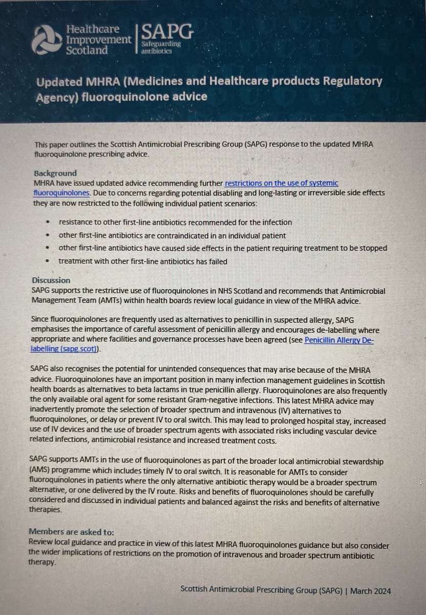 Quinolones need to be used with great care but they have an important place in antimicrobial stewardship - allowing IVOST, facilitating hospital discharge and limiting use of broader spectrum agents-> ⁦@SAPGAbx⁩ advice to AMTs following recent ⁦@MHRAgovuk⁩ warning