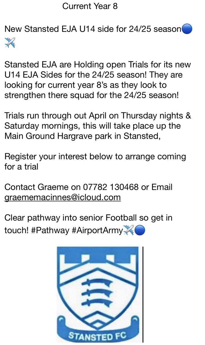 EJA Trials for our New U14’s coming up register your interest! Clear pathway to senior football #AirportArmy 🔵✈️